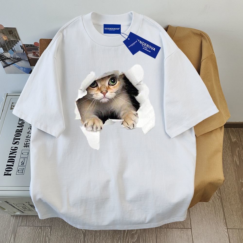 9色百搭純棉小貓印花寬鬆休閒小眾短袖-vivivale