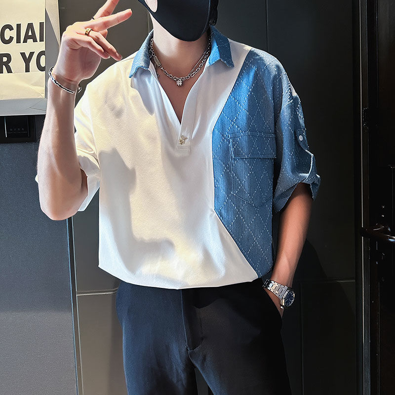 潮流時尚穿搭痞帥牛仔拼接半袖襯衫-vivivale