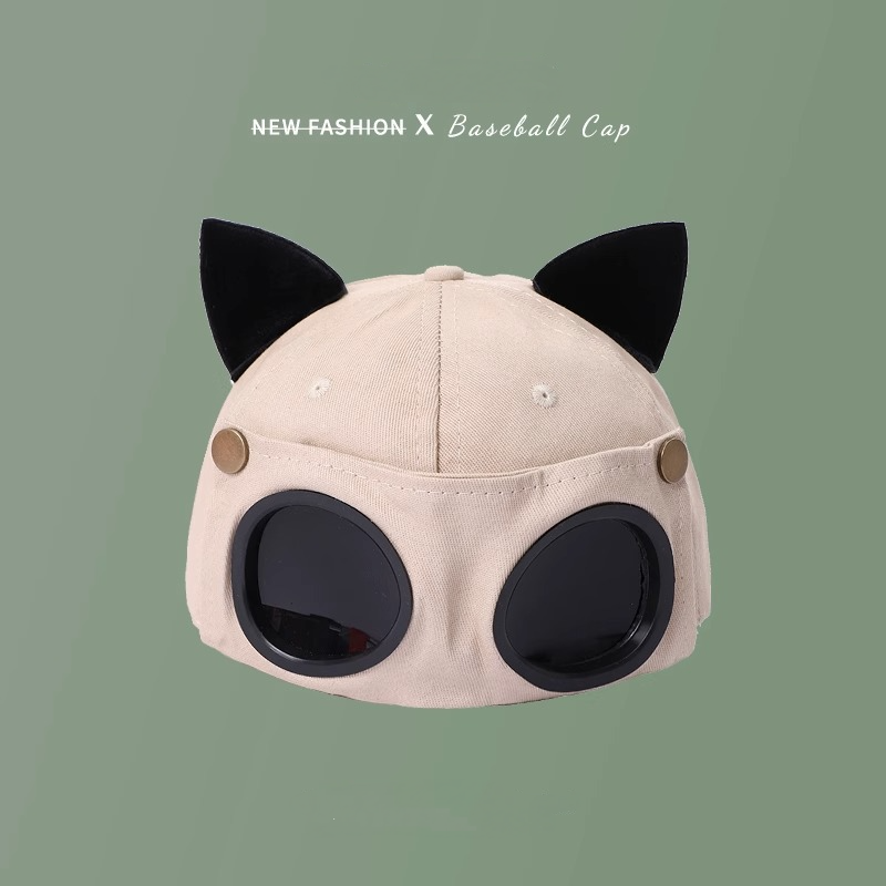 潮牌可愛貓耳朵眼鏡棒球帽撞色鴨舌帽-vivivale