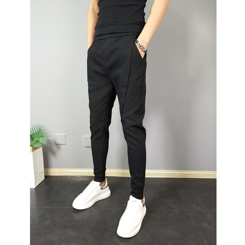 新款纯色小脚休闲九分裤修身哈伦裤松紧腰薄款束脚裤装