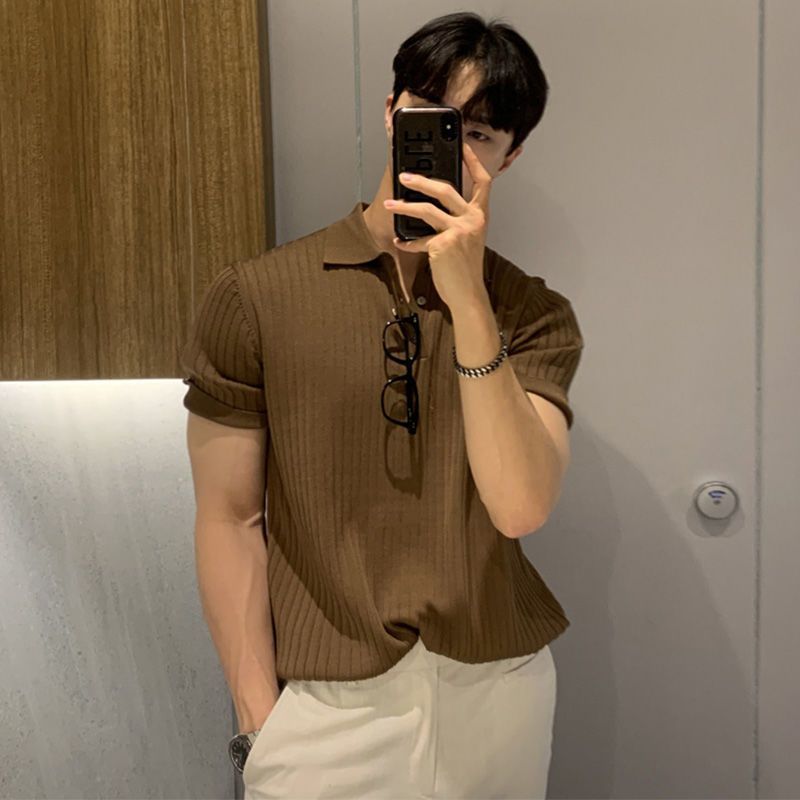 冰絲Polo領修身韓版坑條休閒百搭短袖T恤