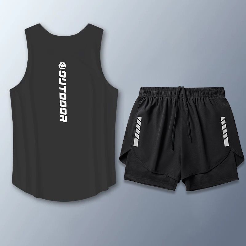 【整套】健身籃球跑步運動速冰絲透氣無袖T恤短褲兩件套裝