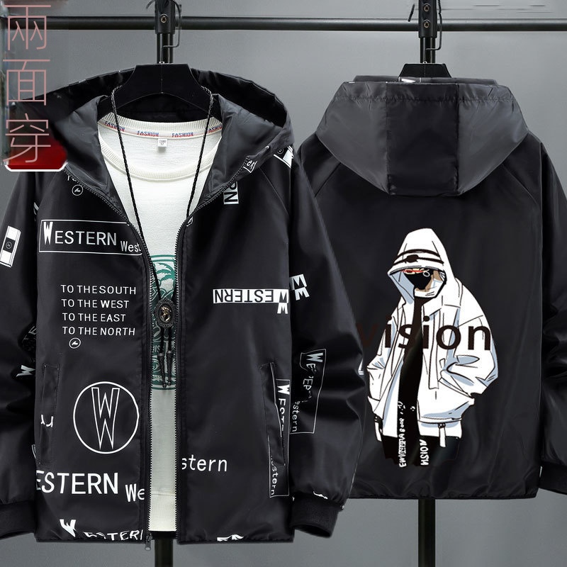 時尚潮流寬松連帽兩面穿衝鋒衣夾克外套-vivivale