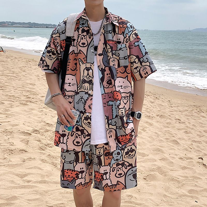 【套裝】冰絲薄款寬鬆短袖花襯衫+休閒速乾沙灘短褲兩件套裝-vivivale