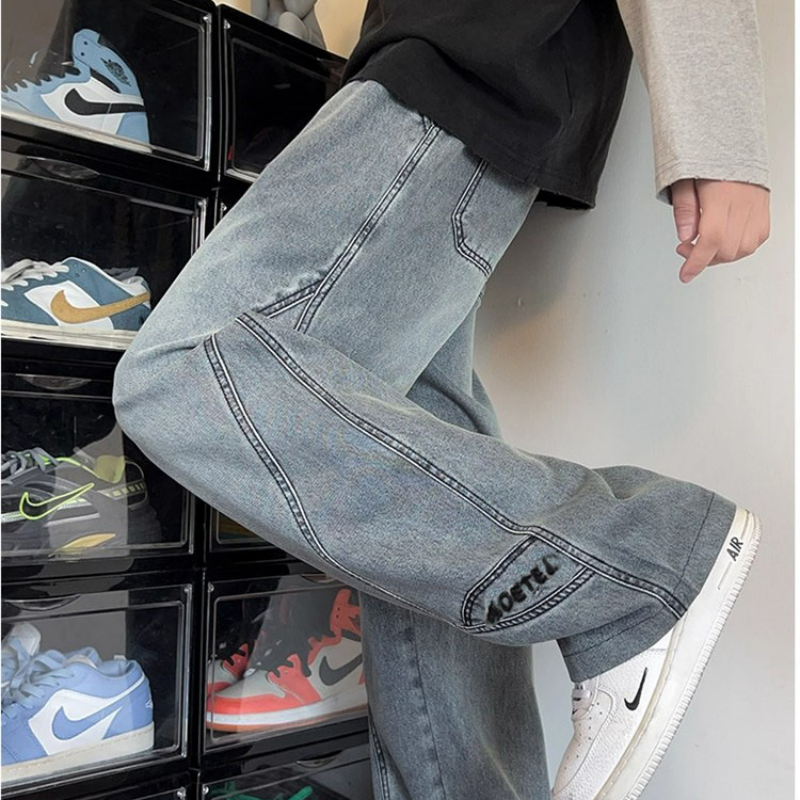 美式高街寬鬆痞帥炸街闊腿顯高刺繡牛仔褲