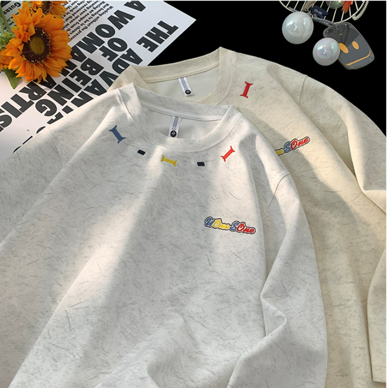 美式重磅寬鬆潮流砂洗彩虹刺繡長袖T恤