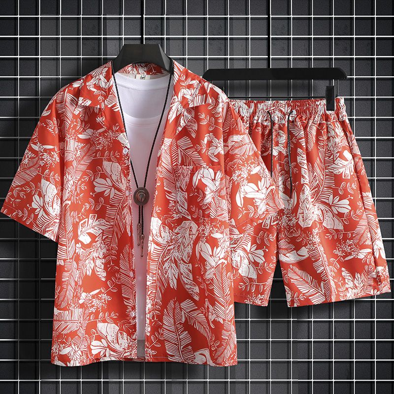 【套裝】冰絲薄款寬鬆沙灘碎花短袖襯衫+短褲兩件套裝-vivivale