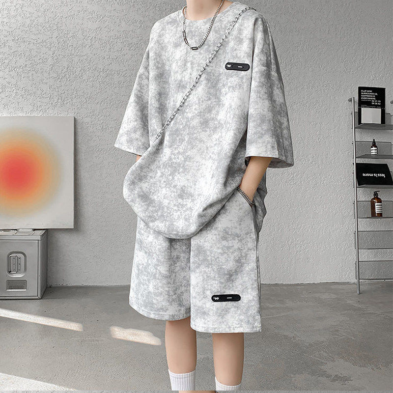 【整套】小眾設計感紮染七分短袖+潮流短褲兩件套裝-vivivale