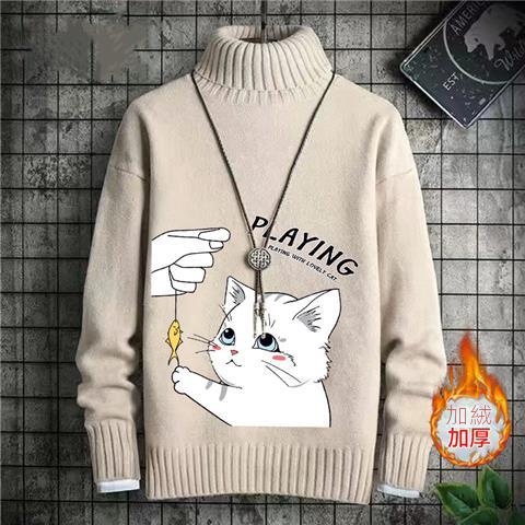 韓版卡通印花潮流針織衫一體絨半高領毛衣-vivivale