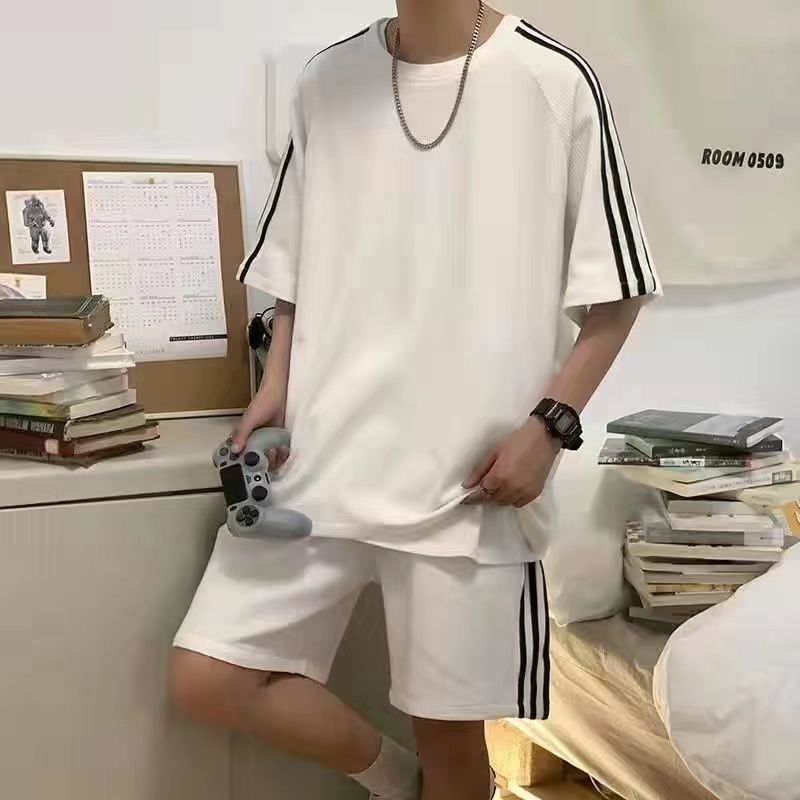 夏季短袖T恤男女套裝港風潮流寬鬆ins學生三條杠短褲男薄款情侶裝