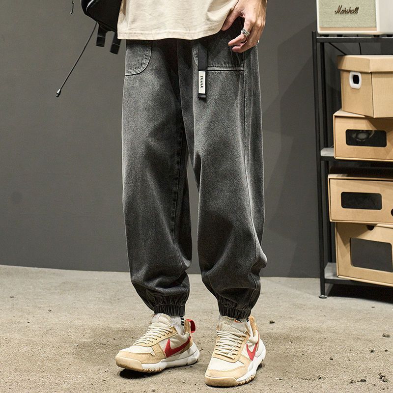 美式寬鬆直筒休閒薄款束腳工裝牛仔褲-vivivale