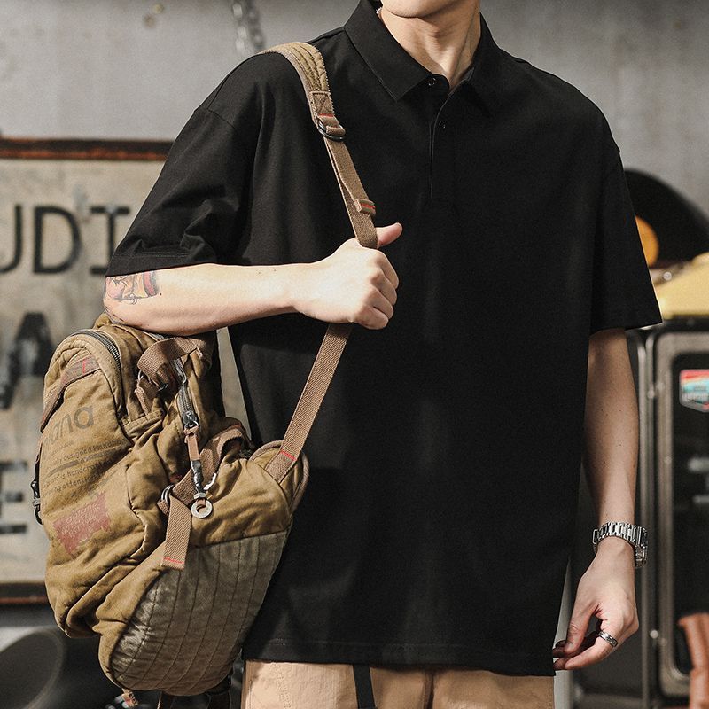 潮流帥氣寬鬆重磅純棉翻領純色t恤polo衫-vivivale