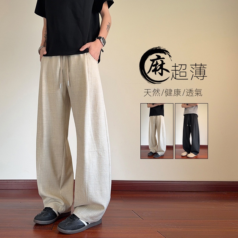 仿麻復古vintage彎刀衛褲抽繩寬鬆闊腿褲