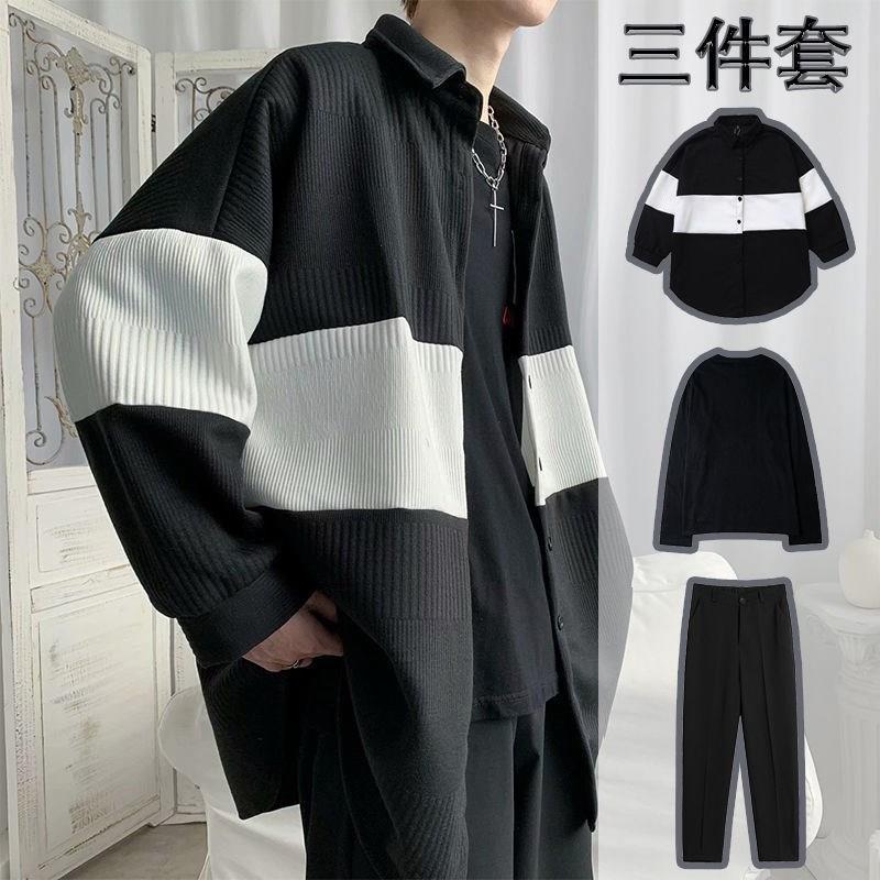 【單件/套裝】休閒針織韓版開衫+潮流帥氣百搭長袖T恤+寬鬆休閒褲裝三件套套裝