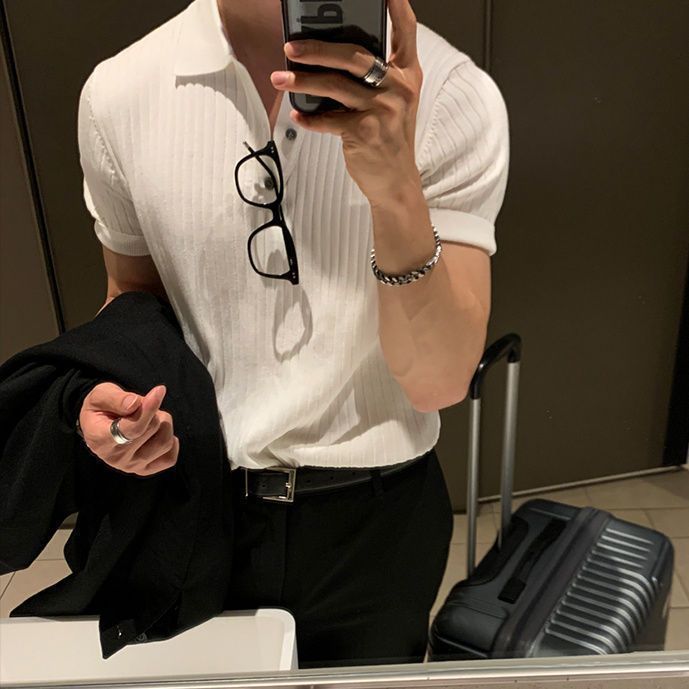 冰絲Polo領修身韓版坑條休閒百搭短袖T恤