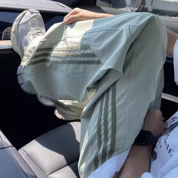 美式三條紋運動薄款潮牌寬鬆休閒直筒闊腿褲