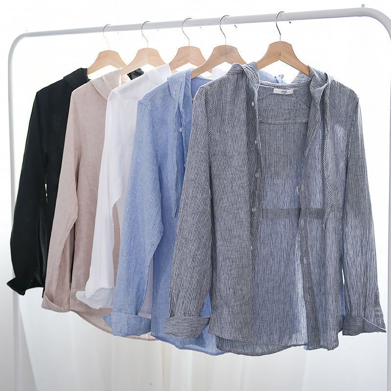 潮流寬鬆純色時尚長袖連帽棉麻襯衫