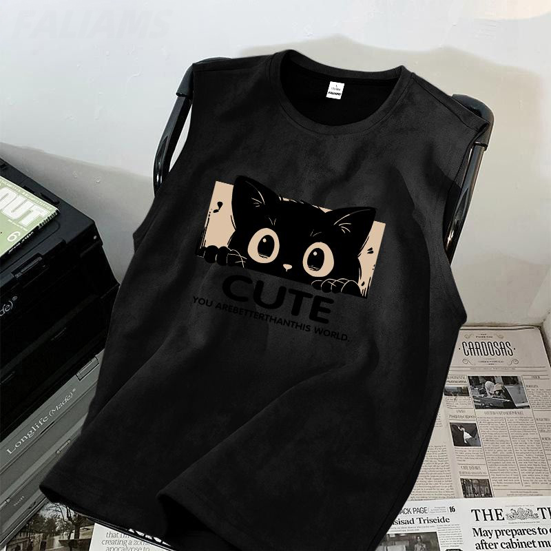 麂皮絨薄款寬鬆休閒貓咪印花背心