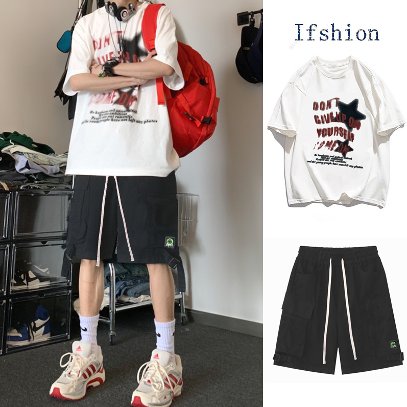 【單件/整套】美式hiphop潮流短袖T恤+工裝五分短褲兩件套裝-vivivale