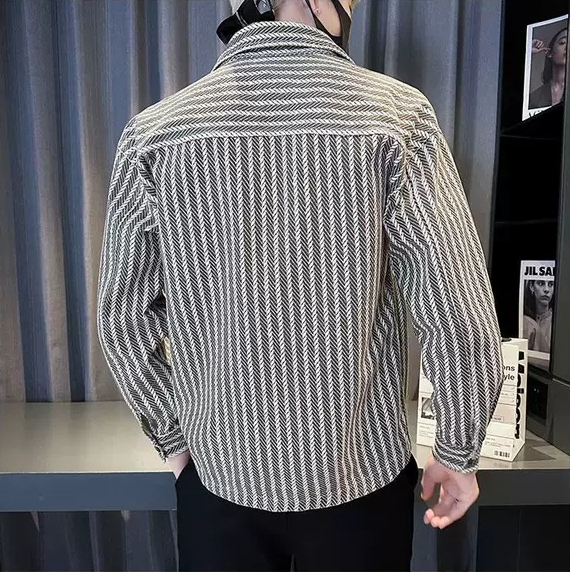 復古英倫風寬鬆口袋痞帥氣質條紋夾克外套-vivivale