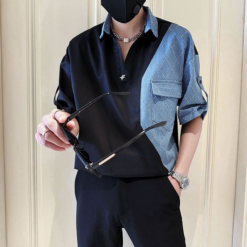 痞帥男士半袖爆款襯衫潮流時尚穿搭男裝短袖夏季牛仔拼接上衣男款