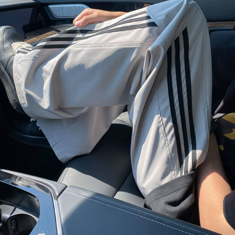 美式三條紋運動薄款潮牌寬鬆休閒直筒闊腿褲