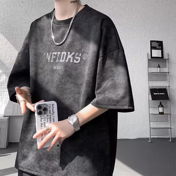 【整套】港風復古美式高街紮染寬松短袖+百搭休閑短褲兩件套裝