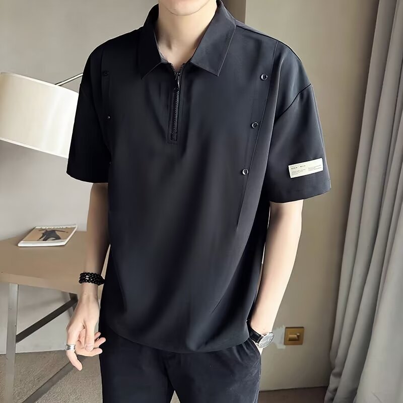 輕熟休閒潮流半拉鍊設計感小眾翻領polo衫短袖-vivivale