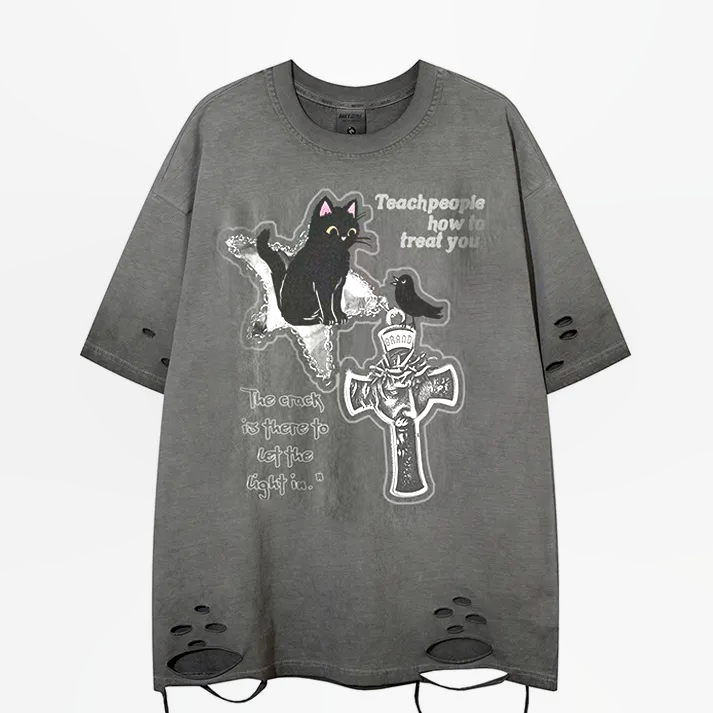 水洗破洞貓咪印花寬鬆休閒短袖-vivivale