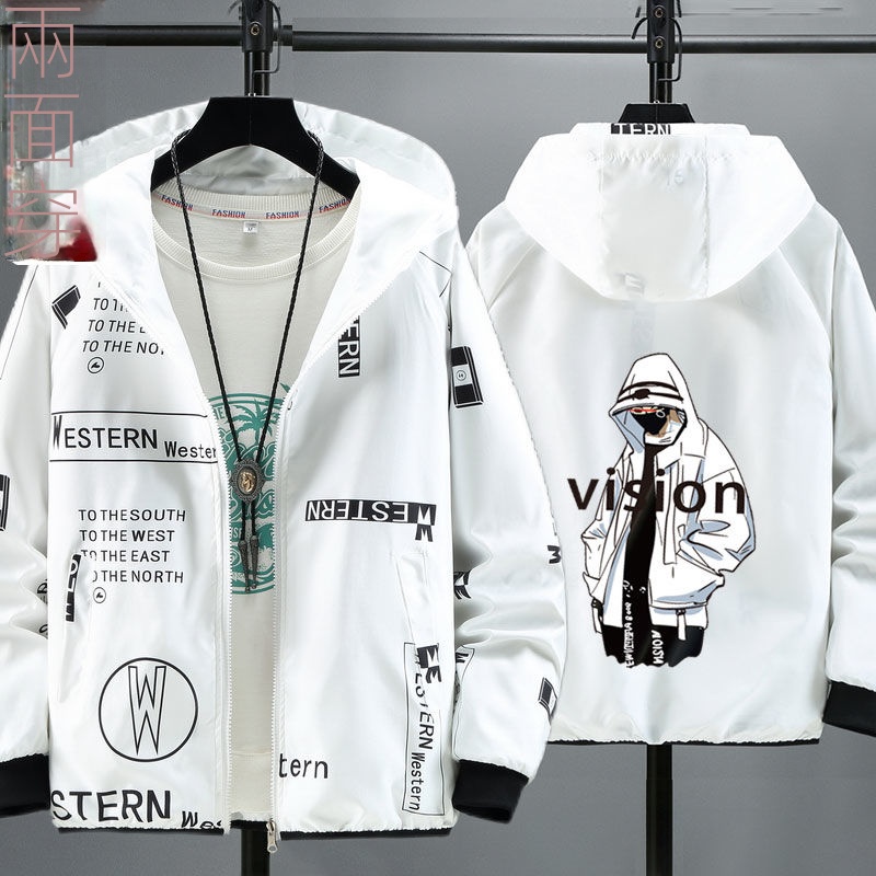 時尚潮流寬松連帽兩面穿衝鋒衣夾克外套-vivivale