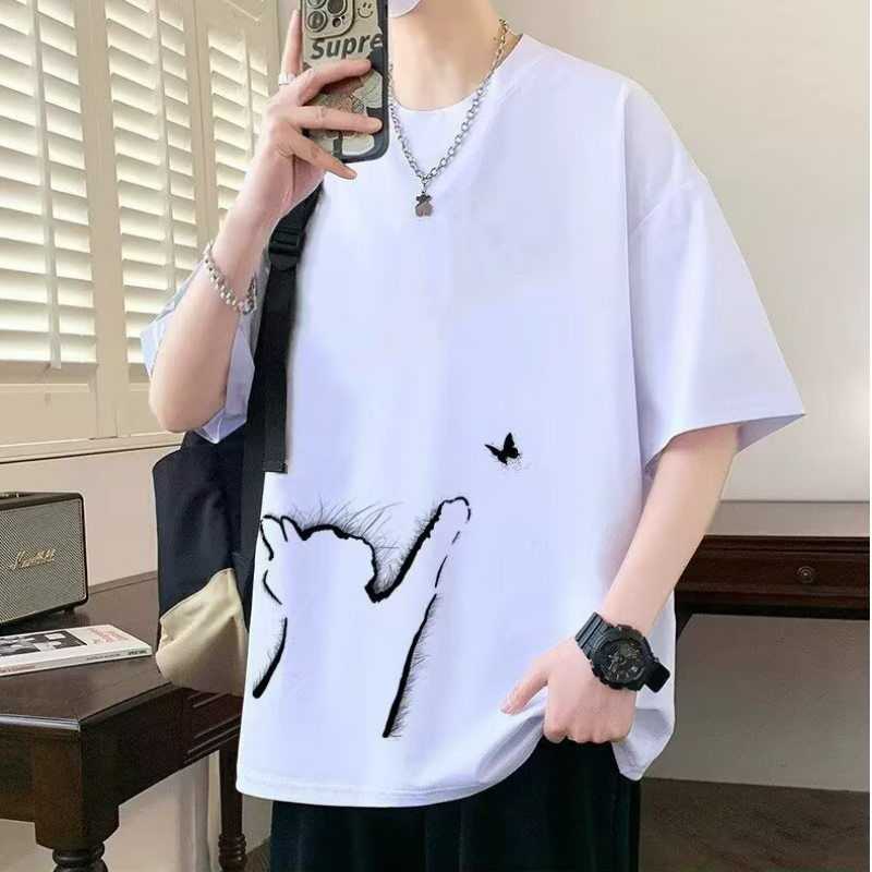 時尚休閒寬鬆潮流貓咪印花情侶短袖T恤