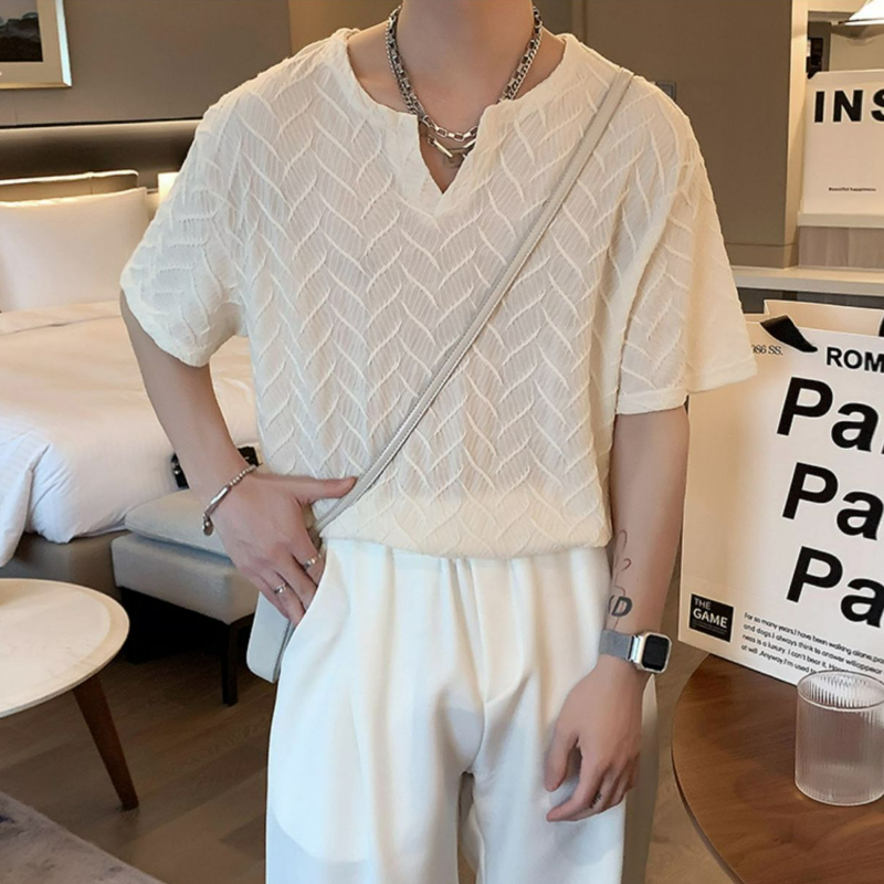 法式高街ins寬鬆慵懶風魚鱗紋V領短袖t恤衫-vivivale