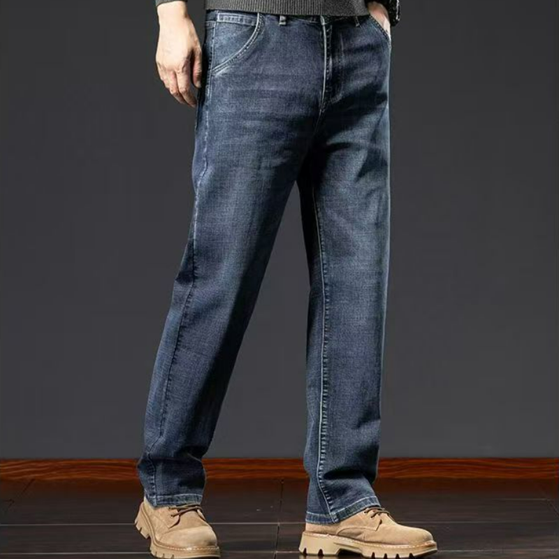 寬鬆直筒高彈休閒大碼長款水洗牛仔褲-vivivale