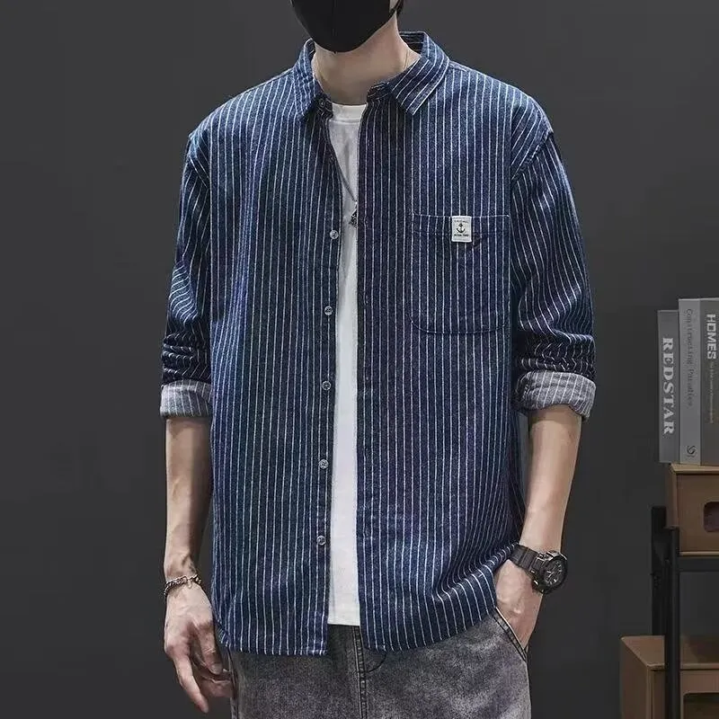 潮牌日系條紋打底長袖內搭寬鬆休閒襯衫