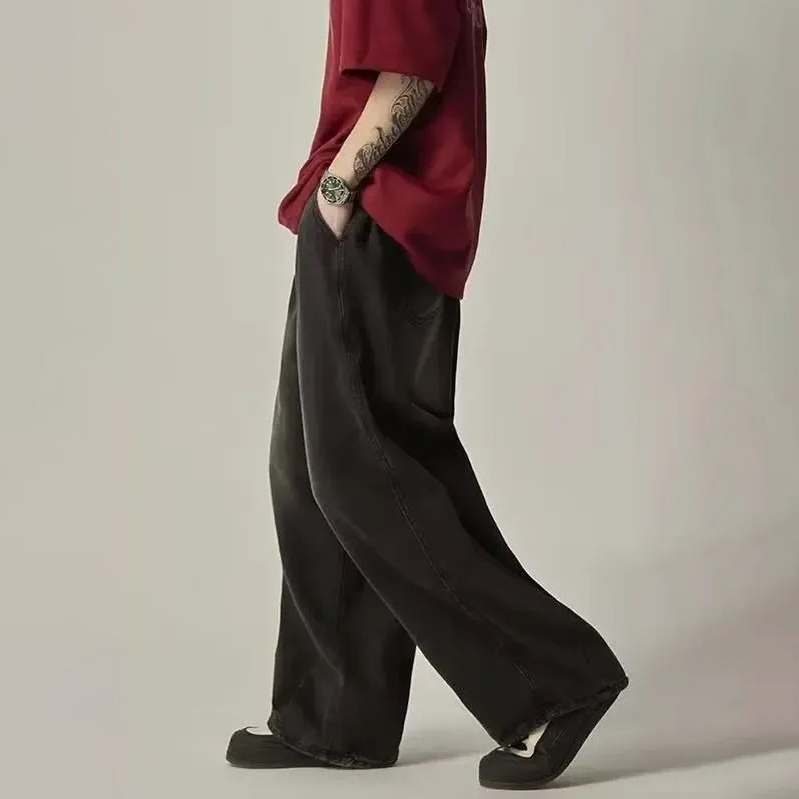 鬆緊腰oversize日系寬鬆街頭垂感拖地闊腿牛仔褲