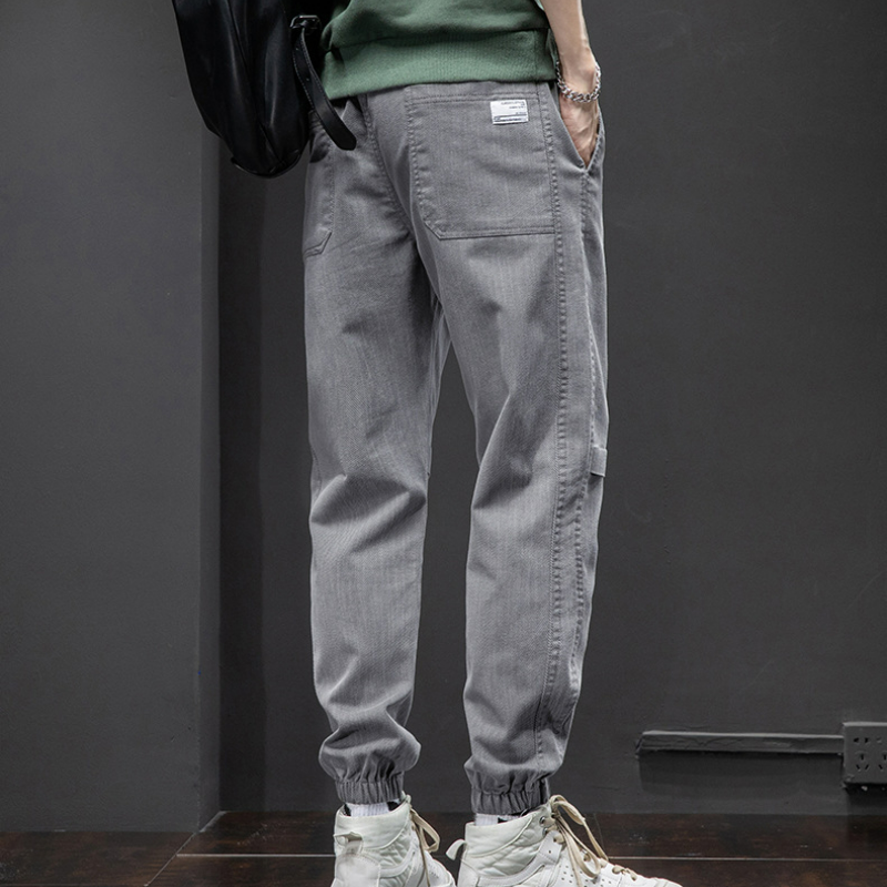 時尚潮流寬鬆休閒加絨運動九分束腳工裝褲-vivivale