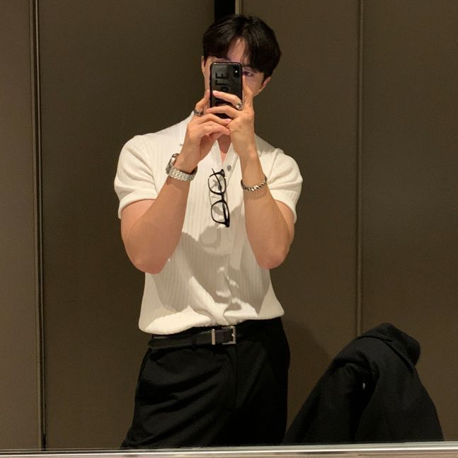 冰絲Polo領修身韓版坑條休閒百搭短袖T恤