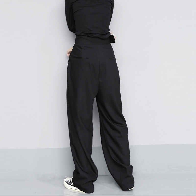 日系垂感休閒闊腿拖地設計感魔術貼西裝褲-vivivale