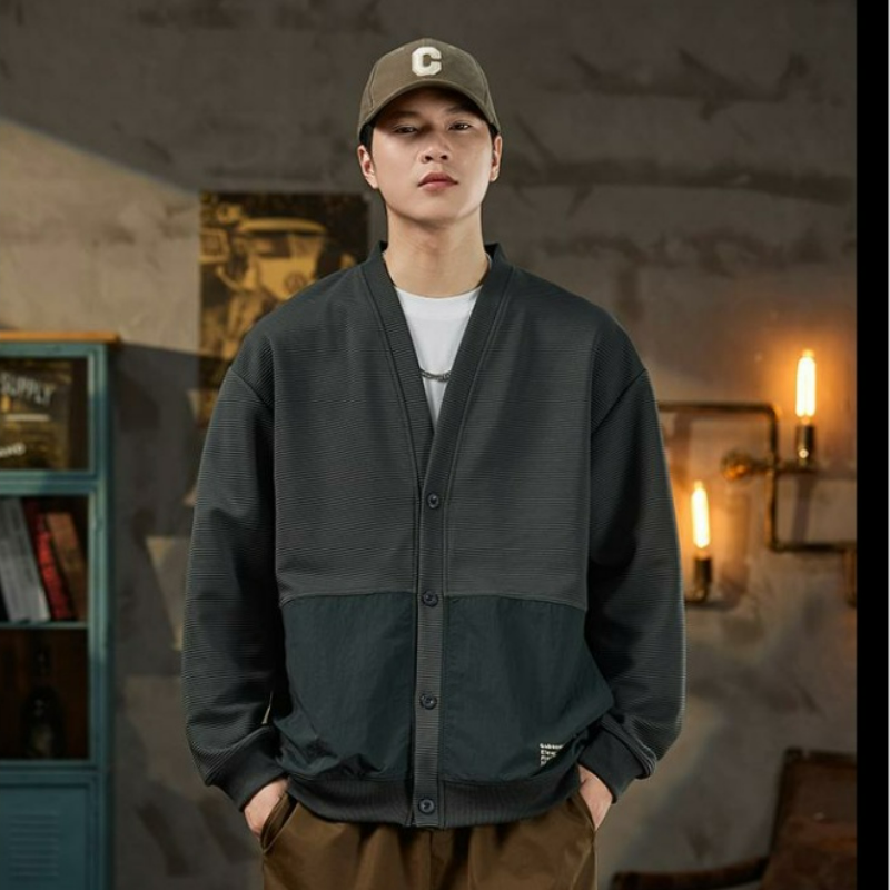 美式復古開衫衛衣長袖休閒時尚無領外套-vivivale