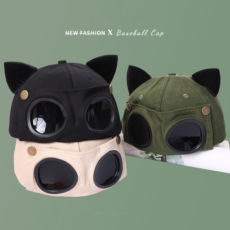 潮牌可愛貓耳朵眼鏡棒球帽撞色鴨舌帽-vivivale