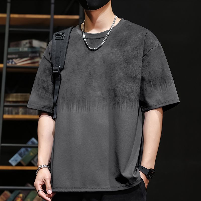 漸變潮流寬鬆設計感圓領短袖T恤-vivivale