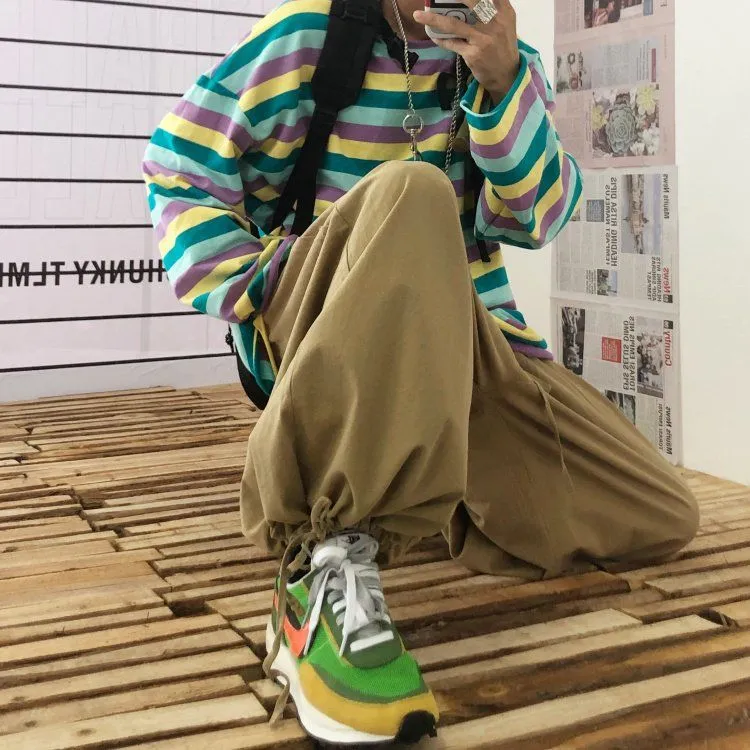 復古個性街頭日系工裝寬鬆高腰闊腿燈籠褲-vivivale