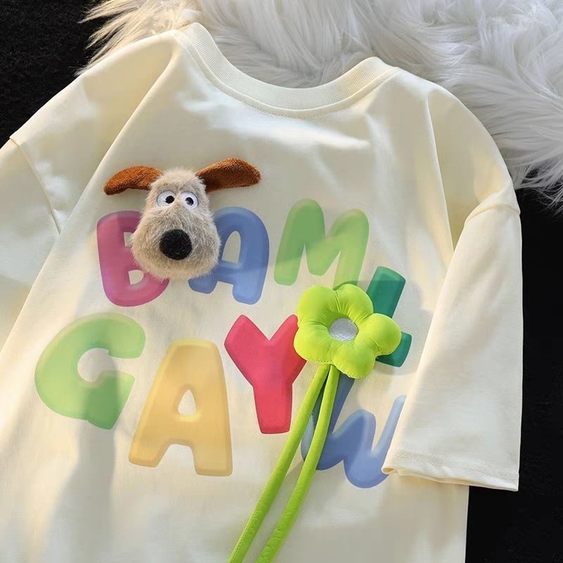 可愛立體裝飾寬鬆圓領印花情侶短袖T恤(公仔可拆)-vivivale