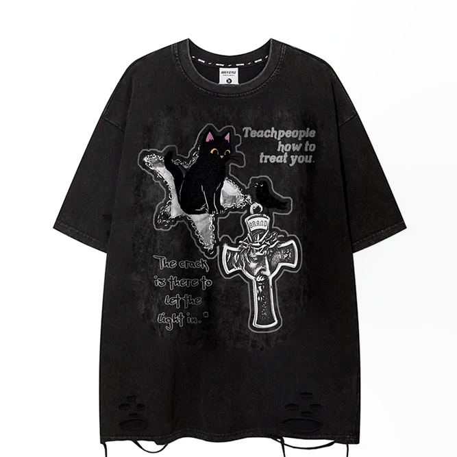 水洗破洞貓咪印花寬鬆休閒短袖-vivivale