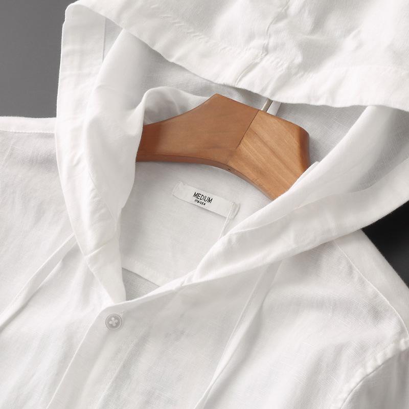 潮流寬鬆純色時尚長袖連帽棉麻襯衫