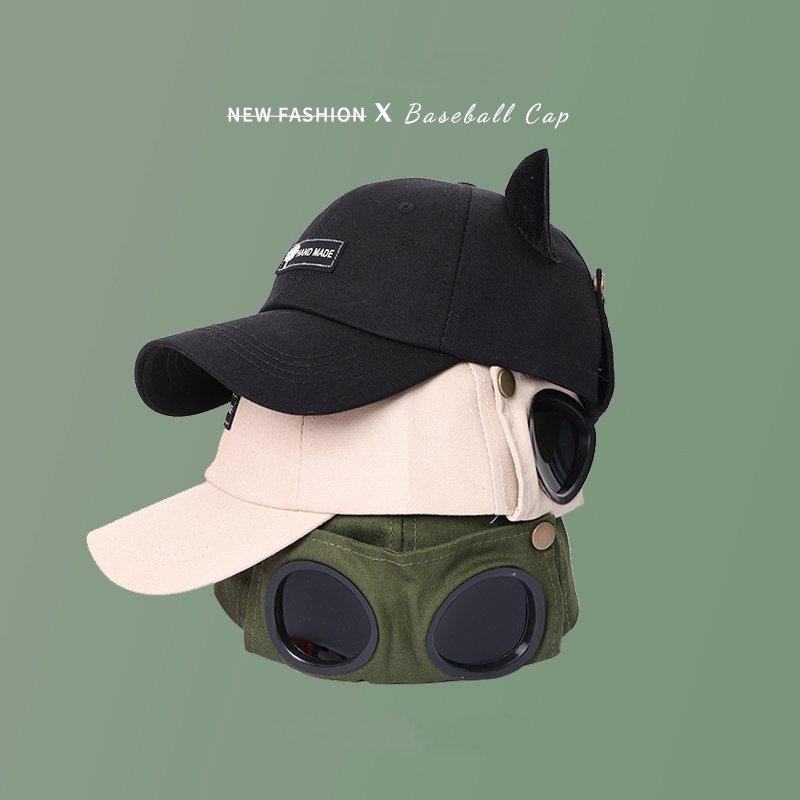 潮牌可愛貓耳朵眼鏡棒球帽撞色鴨舌帽-vivivale