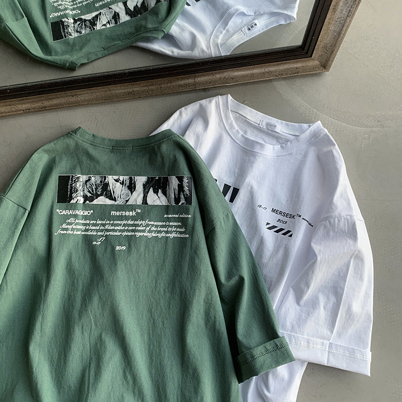 潮牌短袖t恤韓版潮流丅恤夏季寬鬆情侶休閒色五分袖上衣潮