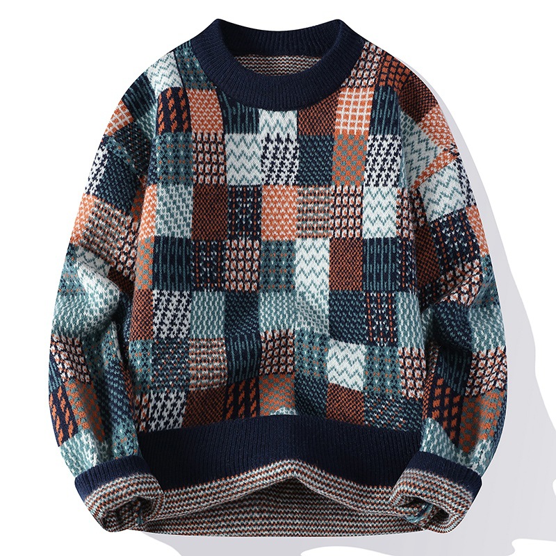 寬鬆休閒保暖針織衫圓領打底帥氣格子毛衣-vivivale