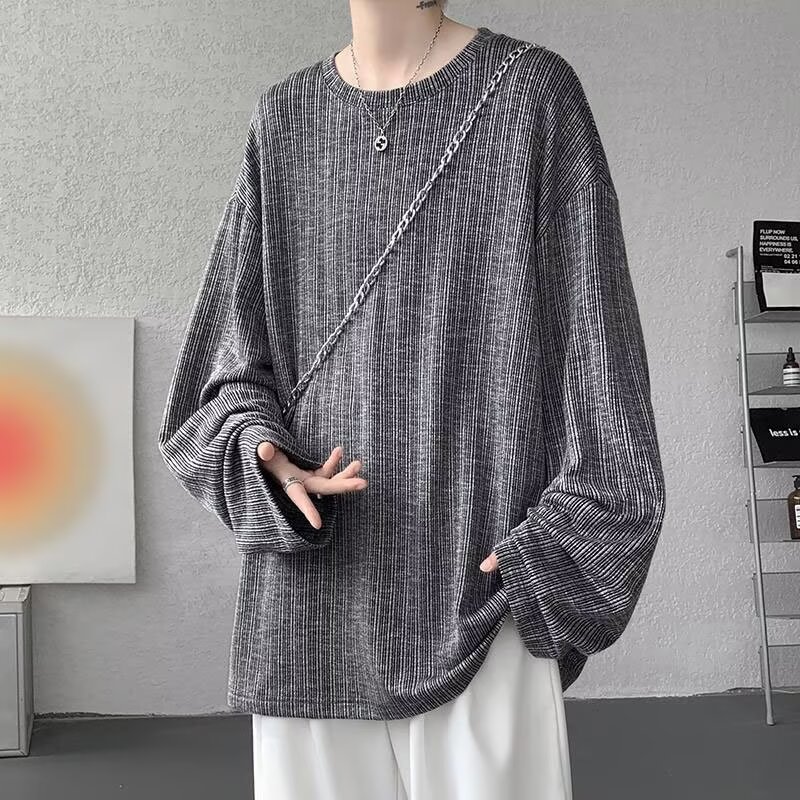 日系潮流慵懶原宿百搭肌理純色褶皺長袖t恤