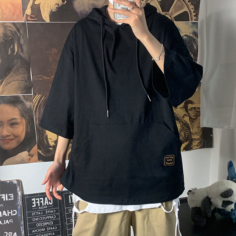 日系連帽衫大口袋套頭七分袖T恤-vivivale